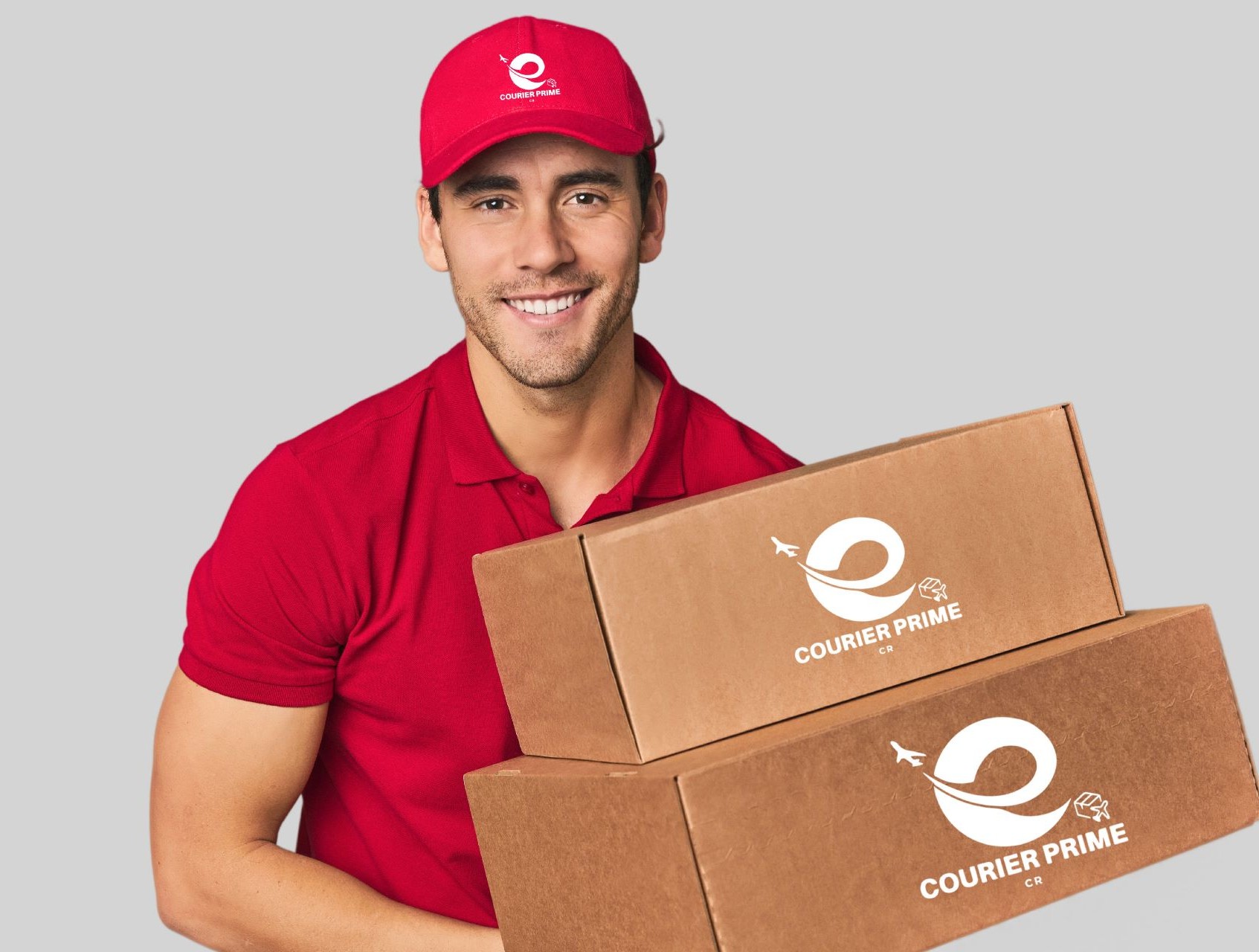 Mensajero de Courier Prime CR sosteniendo paquetes listos para entrega